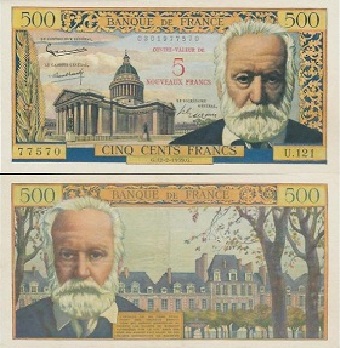 billet 500 Victor Hugo 1958 et 1959 surchargé 5 nouveaux francs